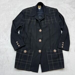 Vintage 80s Zelda Blazer Womens Large Petite Black Grid Plaid Gold Button Jacket